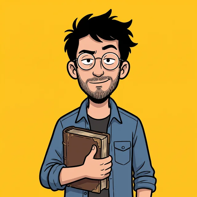 Leo, dibujado: gafas redondas, barba, camisa vaquera y un libro de historia