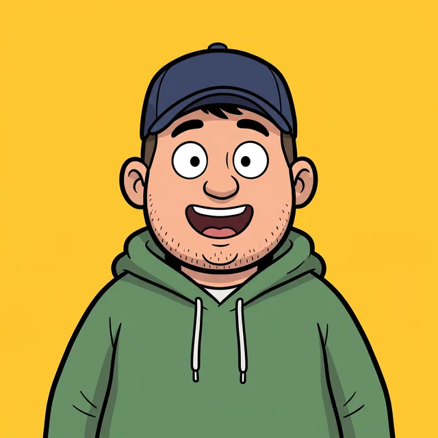 Tito, dibujado: gorra azul marino y sudadera verde, con cara de sorpresa